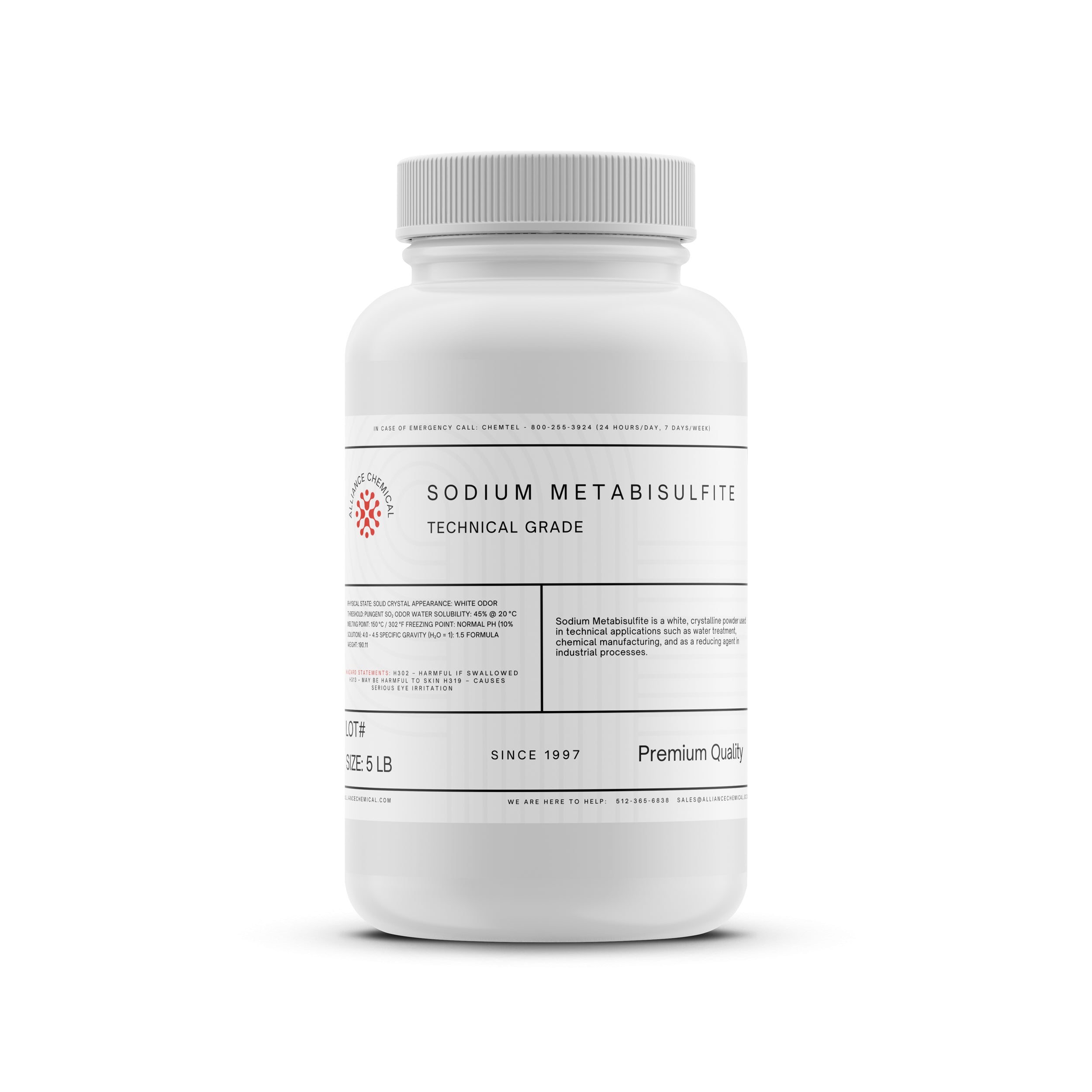 Alliance Chemical sodium metabisulfite technical grade in white 5-pound plastic container with screw-on cap